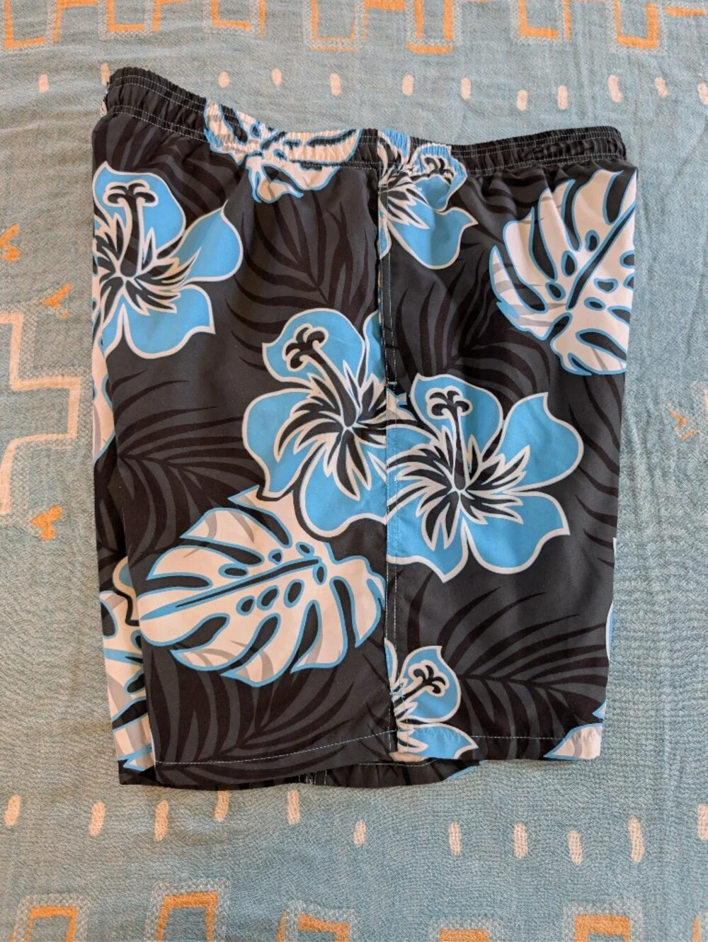 Speedo Swim Trunks Mens Medium Black w/ Blue Tropical Flowers